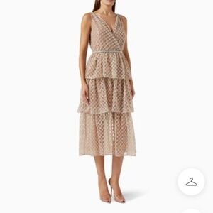 Self-portrait Tan Grid Sequin Tiered Dress